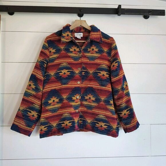 Vtg 90s Southwestern Size 14 Aztec Jacket Boho Geometric Woven Button Up Boho - Picture 1 of 8